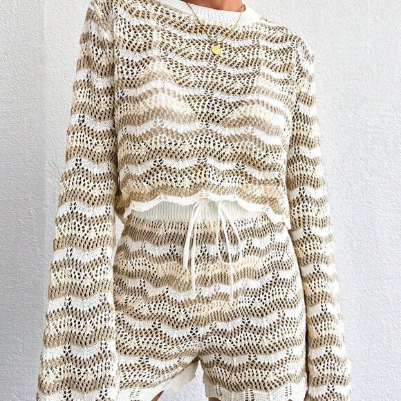 Multicolor Casual Women's Striped Hollow Out Knit Top & Shorts Cover Up Set - Picture 3 of 5